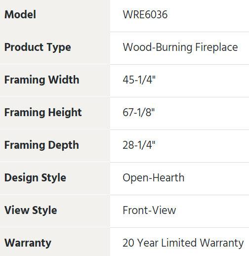 WRT6036 Outdoor Wood Burning Fireplace Specs